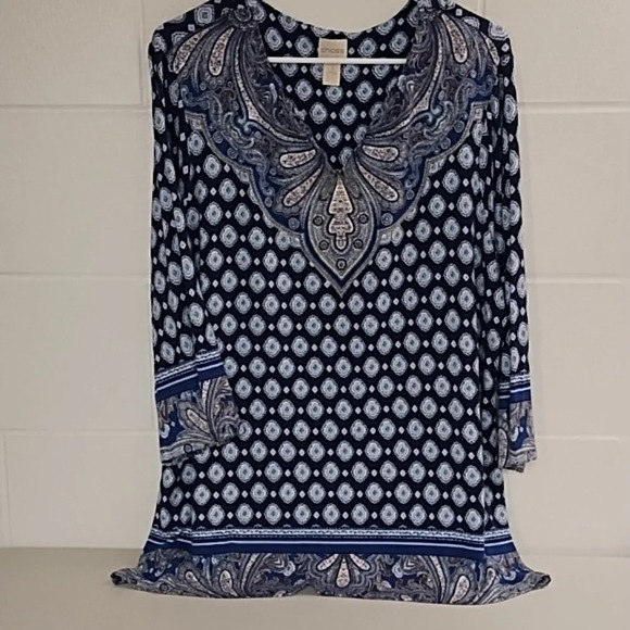 CHICO'S TUNIC, LAGENLOOK, BOHO, PRINT WITH BORDER, 3/4 BELL SLEEVE, V-NECK, - Picture 9 of 9